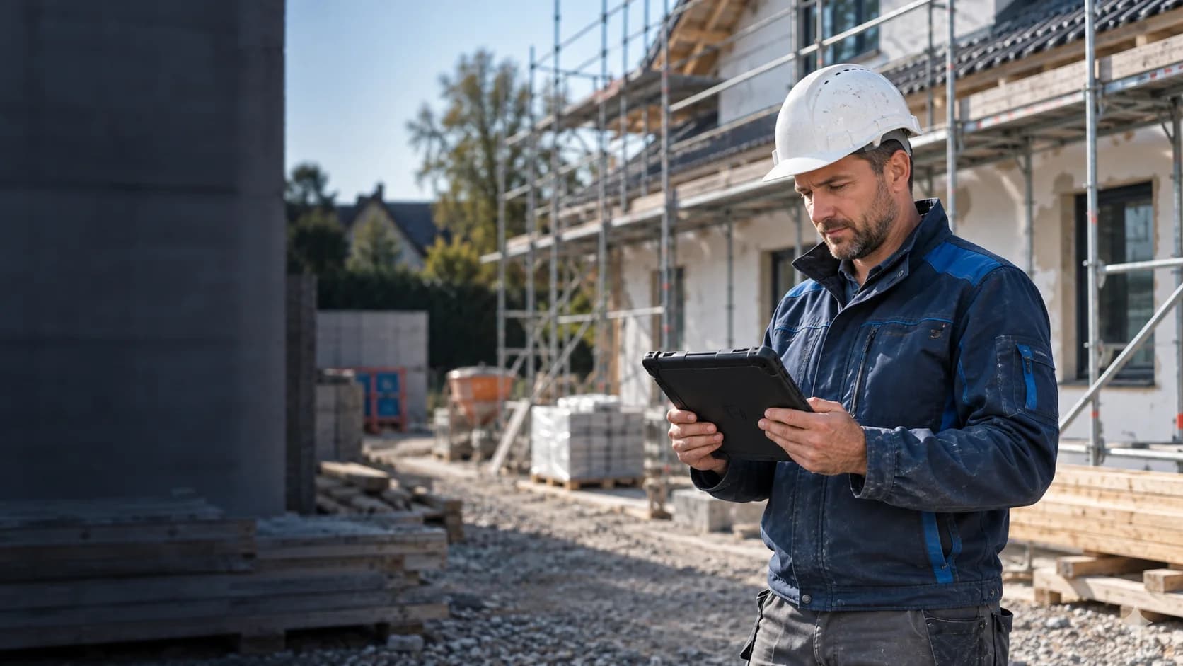 Symbolbild: Ein Mitarbeiter nutzt ein Tablet auf einer Baustelle