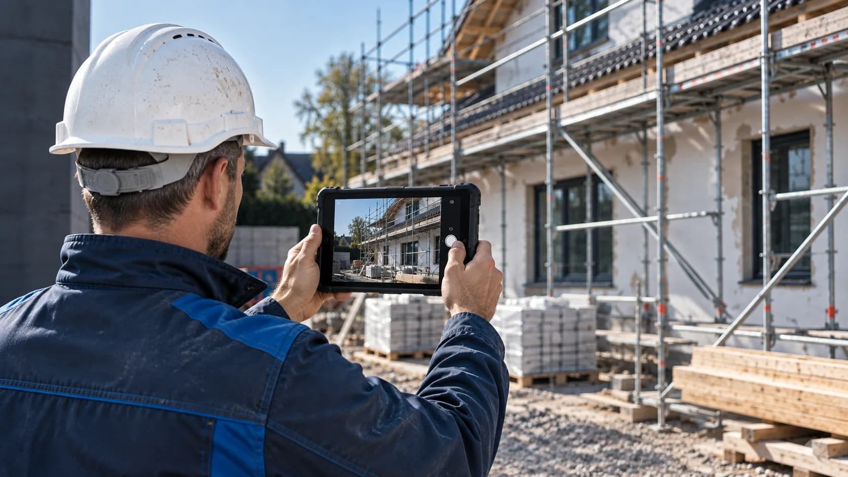 Symbolbild: Ein Mitarbeiter dokumentiert die Baustelle mit dem Tablet