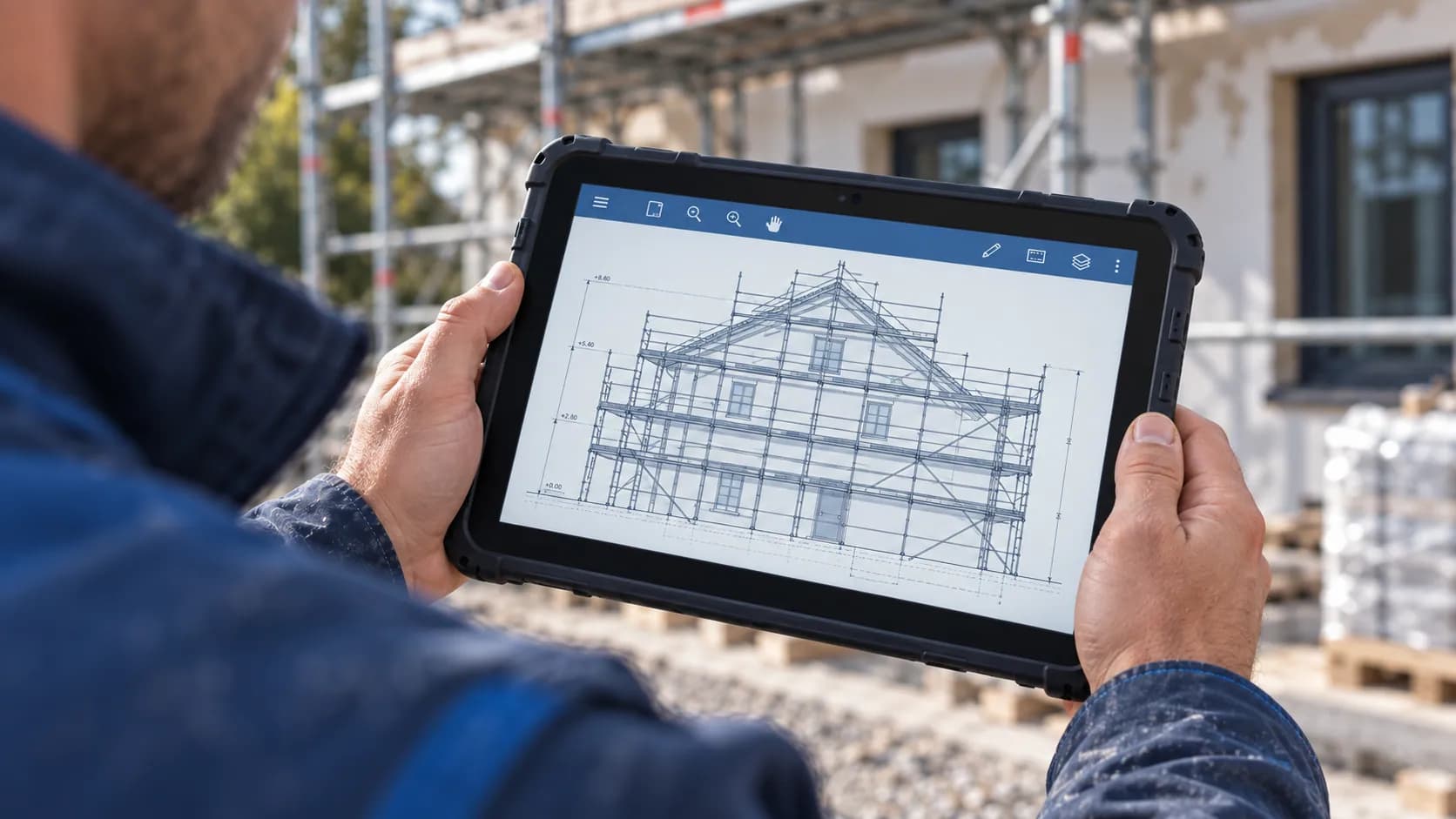 Symbolbild: Ein Plan auf einem Tablet auf der Baustelle