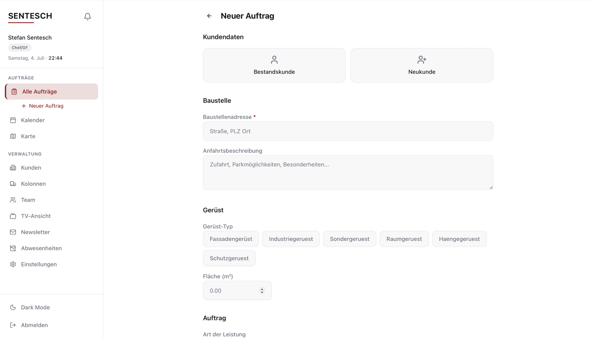Sentesch Cloud: Formular für einen neuen Auftrag mit Kundendaten, Baustelle und Gerüst-Angaben